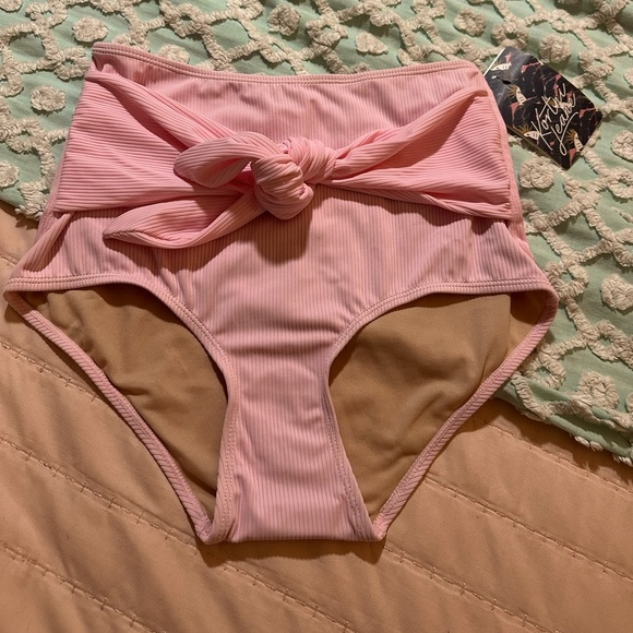 KORTNI JEANE High-Waisted Tie-Up Front Ribbed Swim Bottoms PINK - Sz S - NWT - Picture 1 of 6